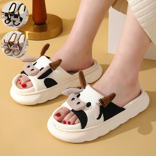 Cute Cartoon Cow Frog Slippers Linen Non-slip Shoes Indoor Garden Home Slippers